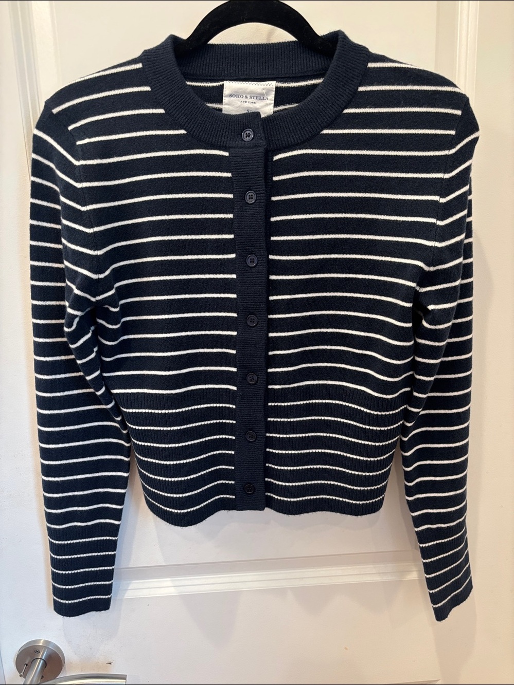 NWT SOHO & Stella Soft navy and white striped Button-Up Knit Cardigan- S